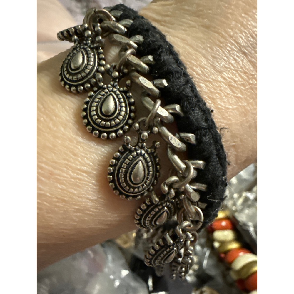 Boho‎ Black Cord Silver Charm Tassel Bracelet Tribal Ethnic Statement uisex